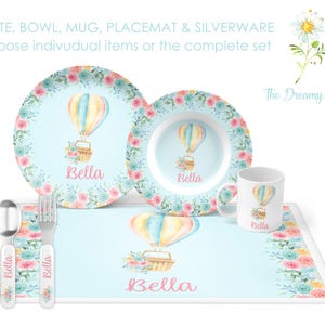Personalized Hot Air Balloon Plate Set for Kids - Floral Hot Air Balloon Dinnerware Set - Custom Kids&#39; Tableware for Girls
