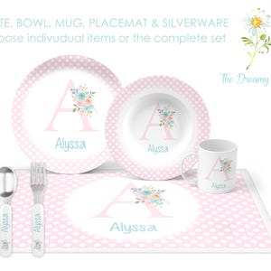 Personalized Pink Floral Plate Set for Children - Pretty Flower Dinnerware Set - Custom Kids&#39; Tableware for Girls