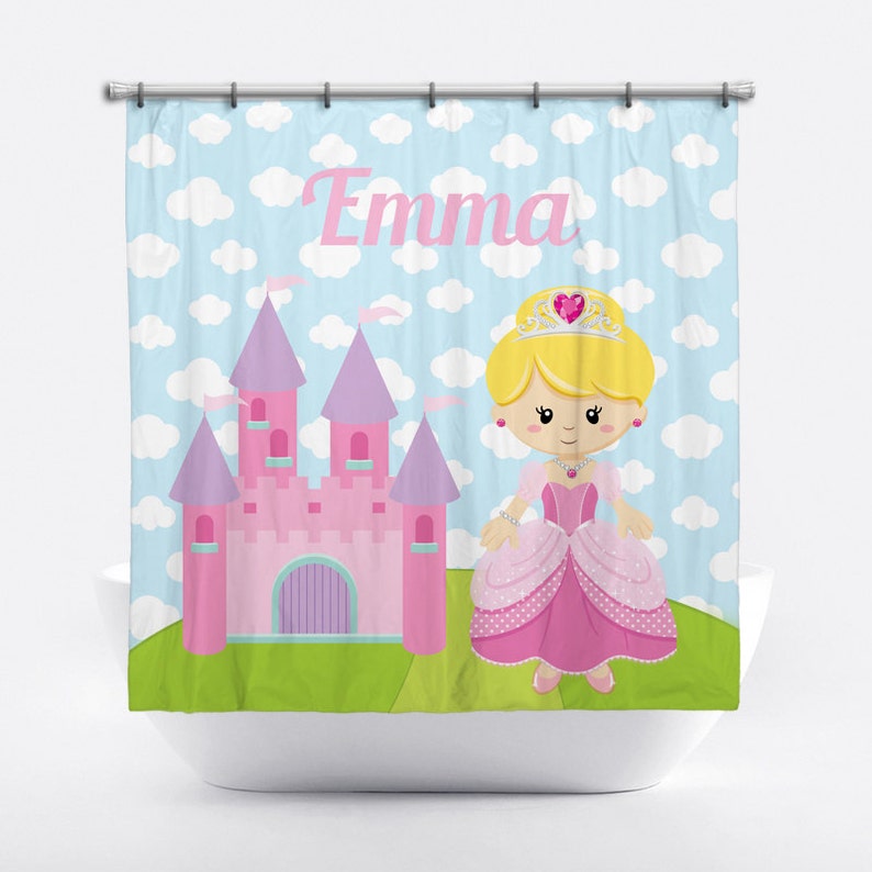 Princess Personalized Shower Curtain For Girls With Name Custom Bath Decor Pink
