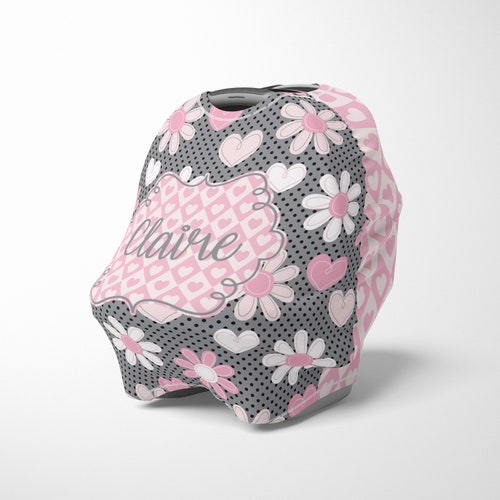 Personalized Baby Car Seat Cover With Pink and Grey Flowers Etsy