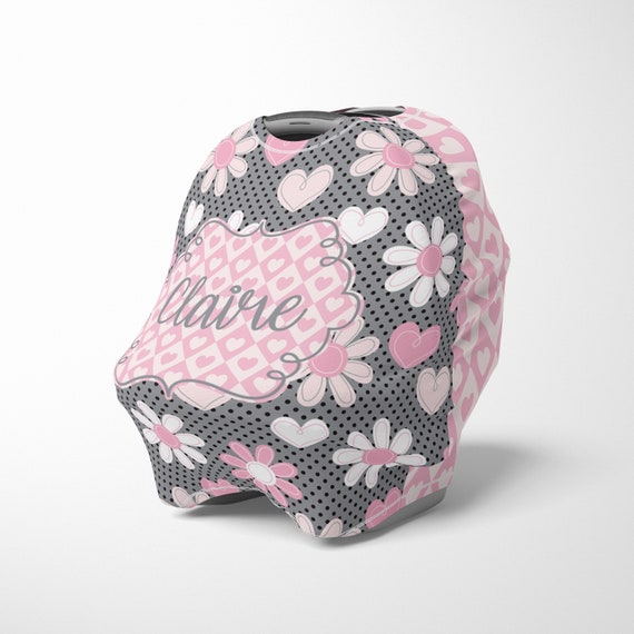 Pink Grey Baby Car Seat Canopy Cover With Name Personalized Ping Cart Or Highchair For Girls Mom Nursing Privacy