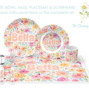 Personalized Floral Dinnerware Set for Kids - Flower Plate Set - Custom Kids&#39; Tableware for Girls