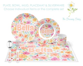 Personalized Floral Dinnerware Set for Kids - Flower Plate Set - Custom Kids' Tableware for Girls