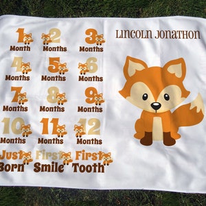 Woodland Fox Growth Chart Blanket Baby Shower Gift Personalized Milestone Blanket with Foxes Baby Photo Prop Baby Month Blanket