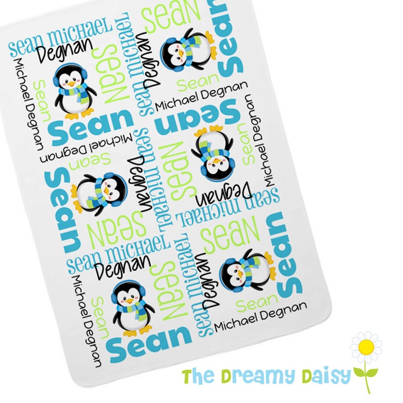 Boy Penguin Receiving Blanket Newborn Swaddling Blanket Baby Photo Prop Custom Name Baby Blanket Personalized Penguin Baby Blanket