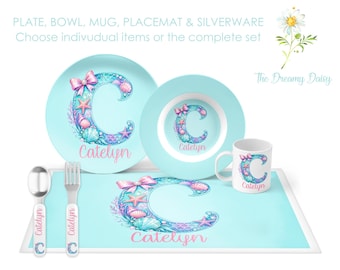 Personalized Mermaid Dinnerware Set - Plate, Bowl, Mug, Placemat, Silverware - Custom Kids' Tableware for Girls
