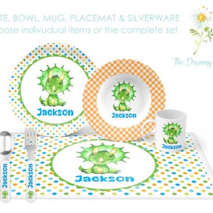 Personalized Dino Dinnerware Set for Kids - Dinosaur Plate Set - Custom Kids&#39; Tableware for Boys