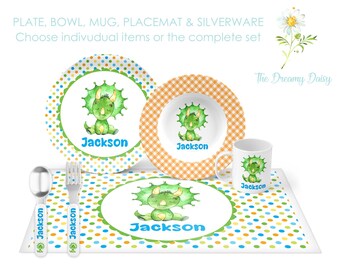 Personalized Dino Dinnerware Set for Kids - Dinosaur Plate Set - Custom Kids' Tableware for Boys