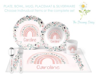 Personalized Boho Rainbow Dinnerware Set for Kids - Pink Rainbow Plate Set - Custom Kids' Tableware for Girls