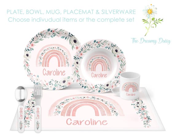Personalized Boho Rainbow Dinnerware Set for Kids - Pink Rainbow Plate Set - Custom Kids' Tableware for Girls