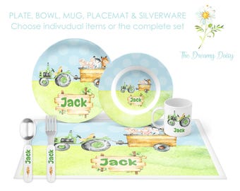 Personalized Green Tractor Plate Set for Kids - Farm Tractor Dinnerware Set - Custom Boys' Tableware with Tractor and Farm Animals