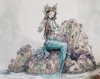 Mermaid Moon Art Print | Mermaids | Fairy tale | Fairy Art | Illustration | Signed Print | Seaside | Ocean |  Cottagecore | Fairycore