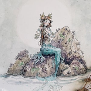 Meerjungfrau Mond Kunstdruck | Meerjungfrauen | Märchen | Feen Kunst | Illustration | Signierter Druck | Meer | Ozean |  Cottagecore | Feenkern