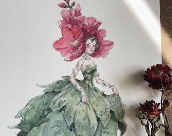 タチアオイの花の妖精のアートプリント | 妖精アート | イラスト | サイン入りプリント | コテージコア | フェアリーコア | おとぎ話