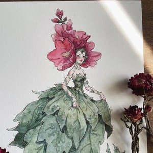 Hollyhock Flower Fae Art Print | Fairy Art | Illustration | Signed Print | Cottagecore | Fairycore | Fairy tale