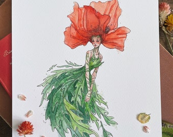 Poppy Flower Fae Art Print | Fairy Art | Illustration | August Birth Flower | Signed Print | Cottagecore | Fairycore