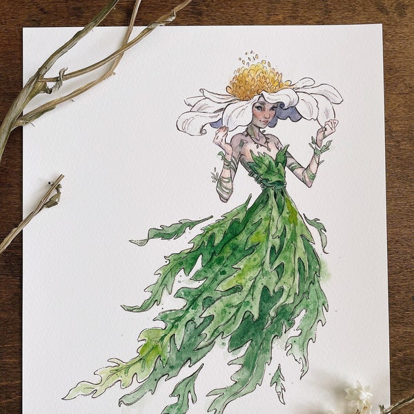 Impression d'art Fae fleur marguerite | Art féerique | Illustration | fleur de naissance avril | Impression signée | Cottagecore | Noyau de fée