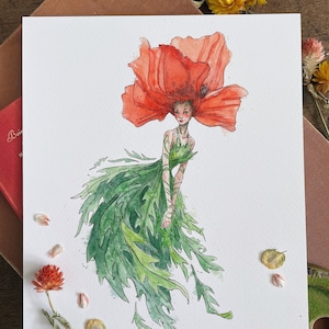 Stampa artistica di Poppy Flower Fae / Arte fatata / Illustrazione / Fiore di nascita di agosto / Stampa firmata / Cottagecore / Fairycore