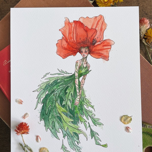 Impression d'art Fae fleur de pavot | Art féerique | Illustration | Fleur Naissance Août | Impression signée | Cottagecore | Noyau de fée
