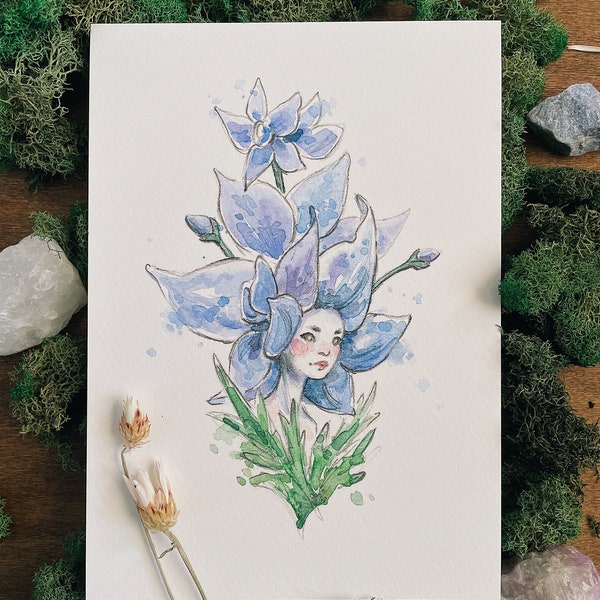 Portrait de pied d'alouette fleur Fae impression d'art | Art féerique | Illustration | Impression signée | Cottagecore | Noyau de fée
