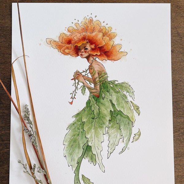 Impression d'art Fae fleur de souci | Art féerique | Illustration | fleur de naissance octobre | Impression signée | Cottagecore | Noyau de fée