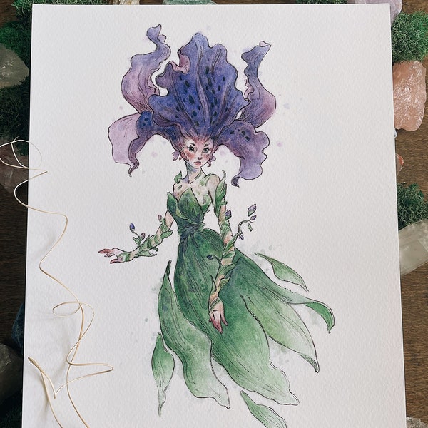 Impression d'art Fae fleur d'iris | Art féerique | Illustration | Impression signée | Cottagecore | Noyau de fée