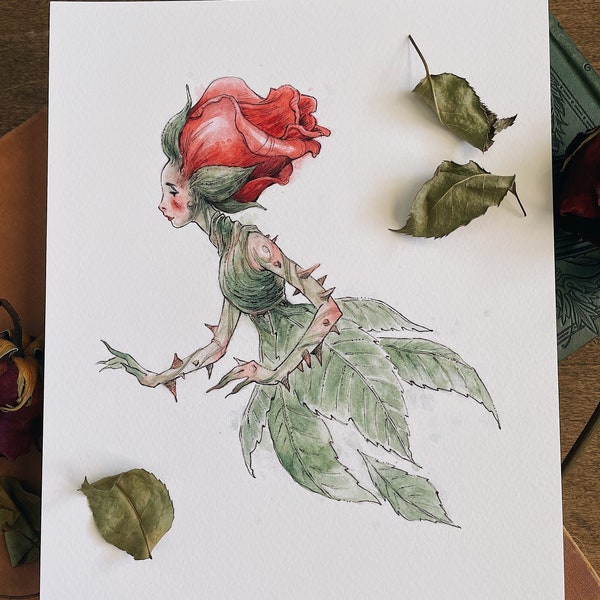 Impression d'art Fae fleur rose | Art féerique | Illustration | fleur de naissance juin | Impression signée | Cottagecore | Noyau de fée