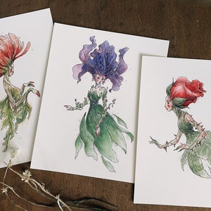 Zestaw 3 wydruków sztuki Flower Fae | Sztuka wróżek | Ilustracja | Podpisane wydruki | Cottagecore | Fairycore