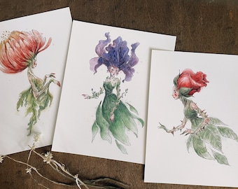 Set of 3 Flower Fae Art Prints | Fairy Art | Illustration | Signed Prints | Cottagecore | Fairycore