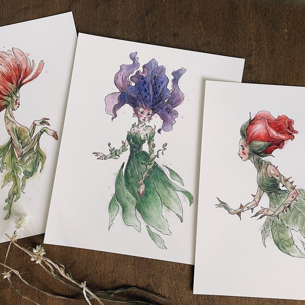 Set of 3 Flower Fae Art Prints | Fairy Art | Illustration | Signed Prints | Cottagecore | Fairycore