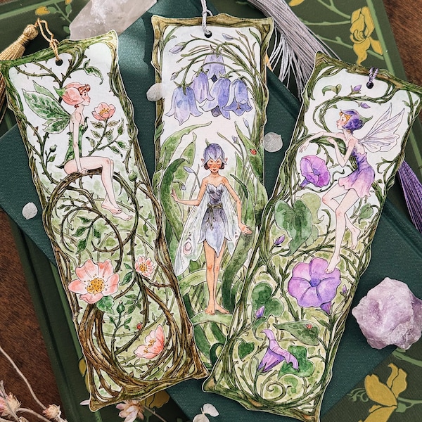 Fairy Bookmarks (Double-Sided) | Set of 3 | Handmade | Fairy Art | Illustration | Bookmarks | Cottagecore | Fairycore | Stationary