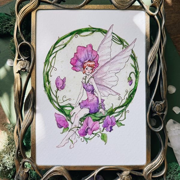 Sweet Pea Fairy Art Print | Embellished Print | Fairy Art | Illustration | Signed Print | Cottagecore | Fairycore