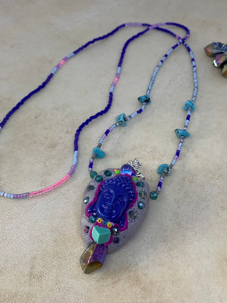 Buddha Beaded Necklace Seedbead necklace titanium quartz and turquoise Necklace . Blue buddha long necklace non adjustable Buddha Beaded Necklace Seedbead necklace titanium quartz and turquoise Necklace . Blue buddha long necklace non adjustable