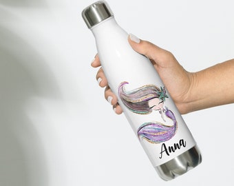 Personalized Cute Mermaid Gift, Stainless Steel Water Bottle, Mystical Creature Gift, Brunette Blond African American Mermaid Bottles