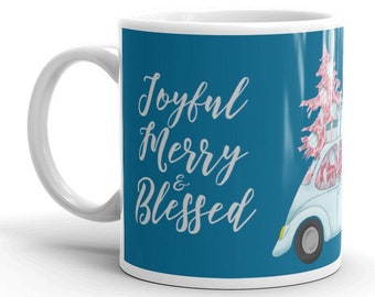 Joyful Merry & Blessed Christmas Themed Mug, Christmas Tree Gifts, White Glossy Mug, Cute End Of The Year Gift For her, Blue Christmas Decor