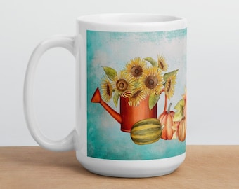 Fall Harvest, Sunflower Pumpkin Garden, Halloween Sublimation Mug, Cute White glossy Mug, Best Autumn gift