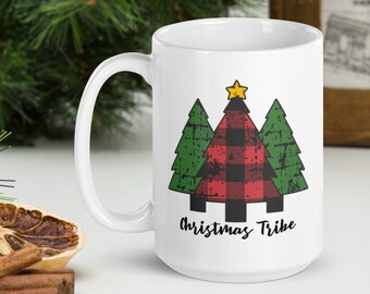 Christmas Tribe Mug, Plaid Country Chic Gift , Farm Girl Coffee Mug, White Glossy Ceramic Mug, Best Xmas gift, End Of The Year Gift For Her