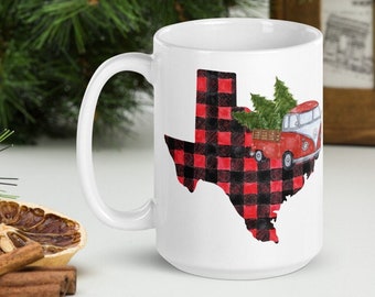 Christmas Texas Themed Mug, State Map Coffee Mug, Home State Map Gift, Holiday Buffalo Plaid Cup, Xmas Red Truck, Homesick Gift White Glossy