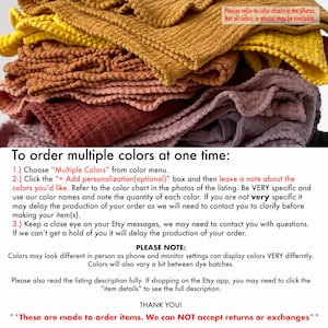 May include: A stack of folded, textured fabric cloths in various shades of yellow, orange, rust, pink, and purple. The image includes text instructions for ordering multiple colors, noting that colors may vary and items are made to order.