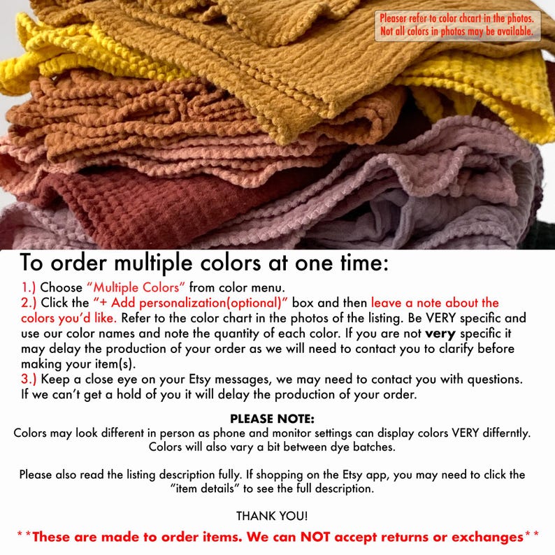 May include: A stack of folded, textured fabric cloths in various shades of yellow, orange, rust, pink, and purple. The image includes text instructions for ordering multiple colors, noting that colors may vary and items are made to order.