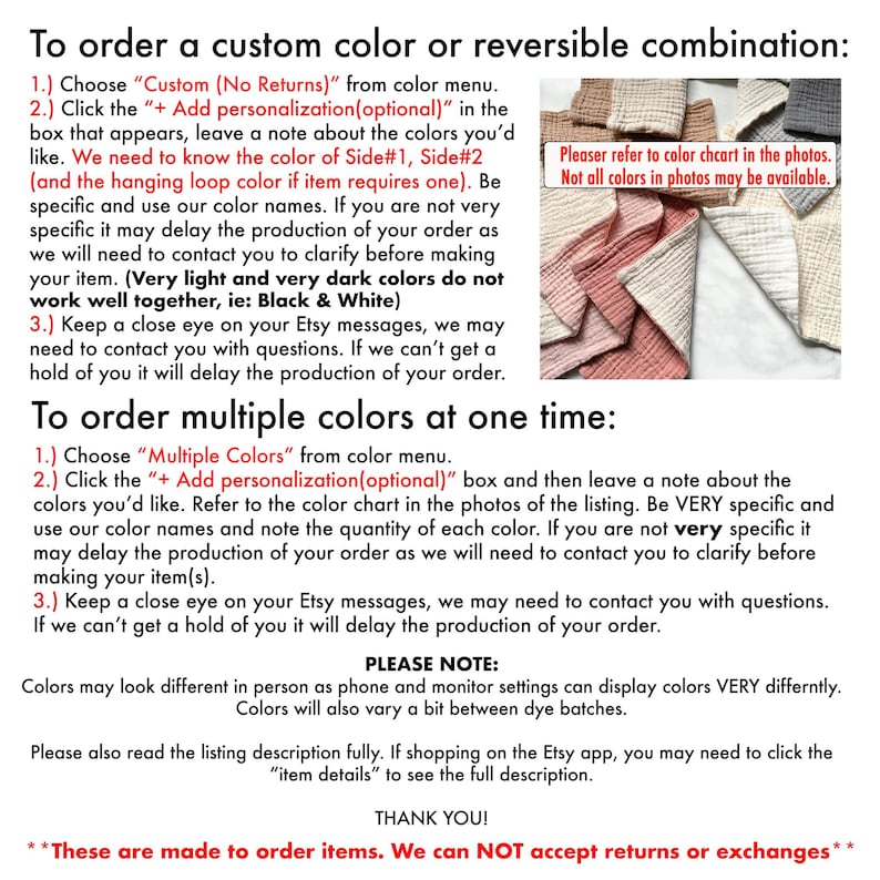 May include: An informational graphic with black text on a white background explaining how to order custom or multiple colors for textile items. It includes a small inset photograph showing various folded fabric swatches in neutral and muted tones.
