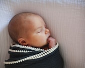 Baby Swaddle Blanket / Best Swaddle / Dark CHARCOAL Gray Blanket With Cream Pom Pom Trim / Lightweight Baby Receiving Blanket / Baby Boy
