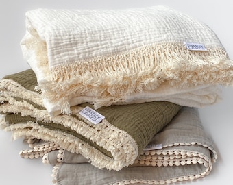 Customizable LARGE Size 4 Ply Baby Blanket 43X53 / Cotton Gauze Muslin / Pompom or Fringe baby blanky / Boho Nursery Decor / Build Your Own