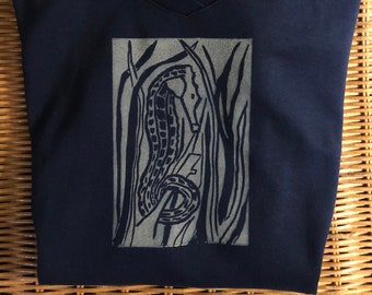 Ladies Navy Blue, Sea Horse, hand printed, original design shirt