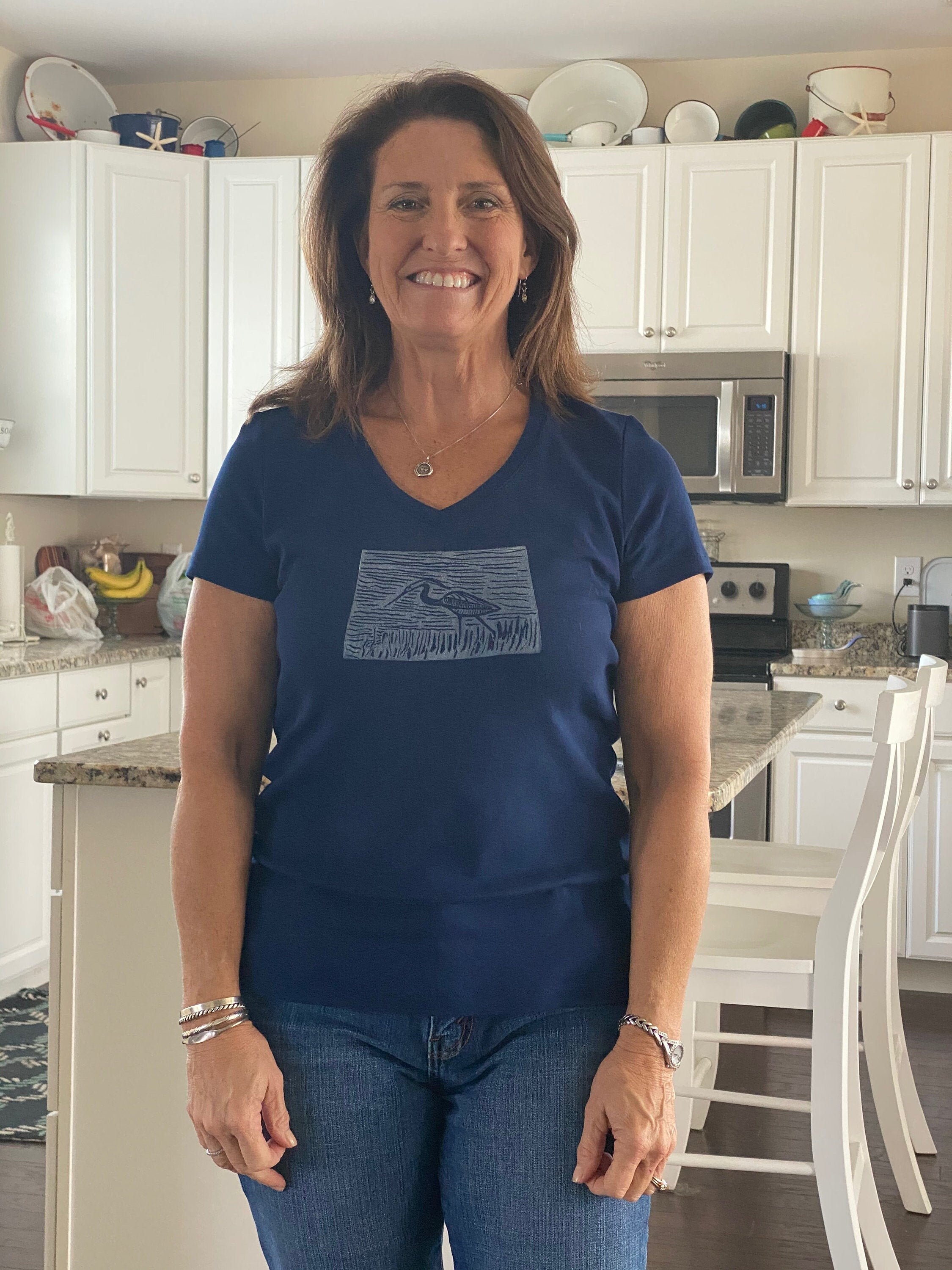 Ladies Navy Blue, Great Blue Heron, hand printed, original design, V- neck shirt