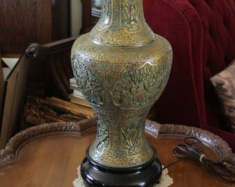 Large Vintage Chinese Carved Lacquer Style Pottery Table Lamp