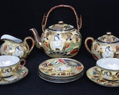 13 Piece Japanese Satsuma Moriage Geisha Tea Set By Suzuki Company Circa 1950s