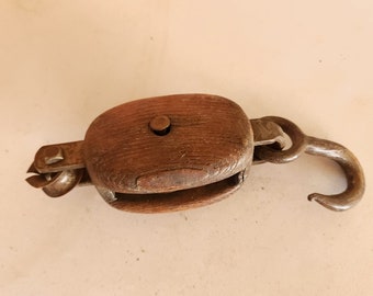 Antique Cast Iron & Wood Barn Pulley With Hook #36