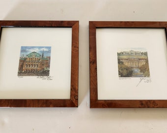 2 Miniature Signed Vienna Austria Architectural Prints In Burled Frames