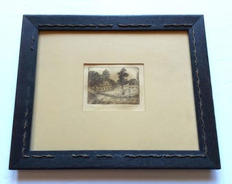 Grabado en miniatura firmado y fechado, edición limitada, de una dama tendiendo ropa (PR349).